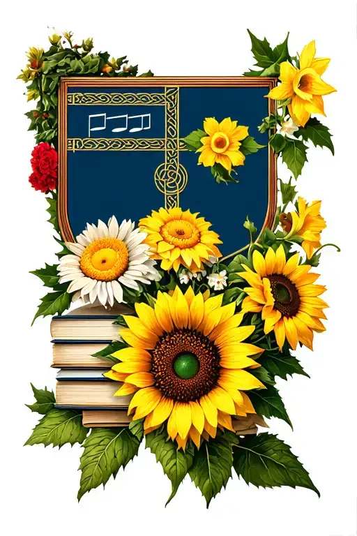 sunflower,renonkel,calabash,signals regiment insignia, daisies. carnations. holly. daffodils. books. music note. celtic tattoo design idea