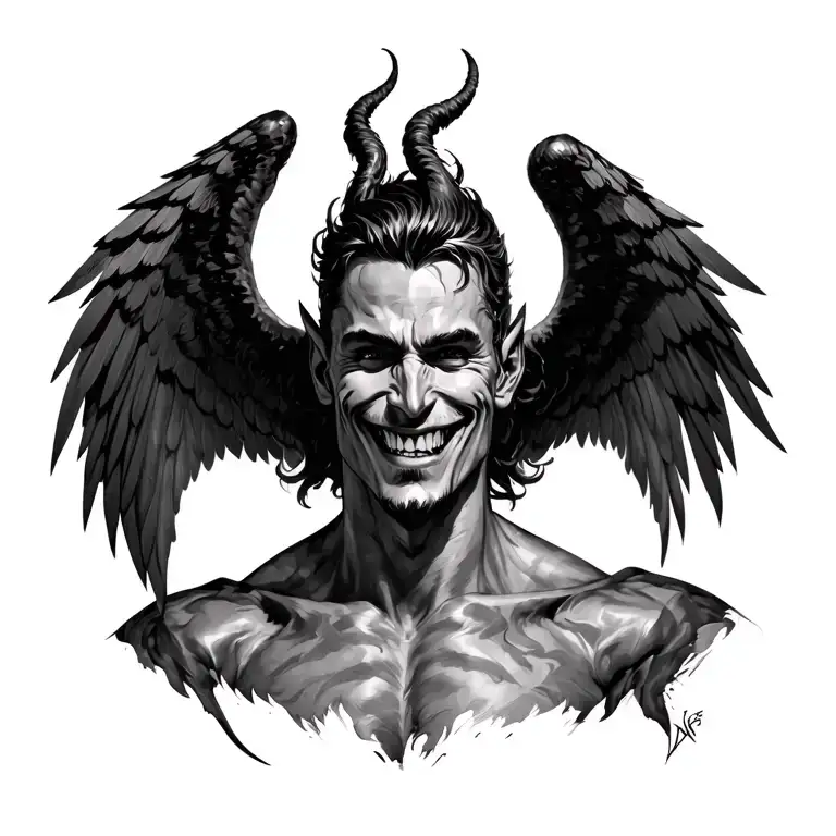 Lucifer cunning smile with wings tattoo design idea