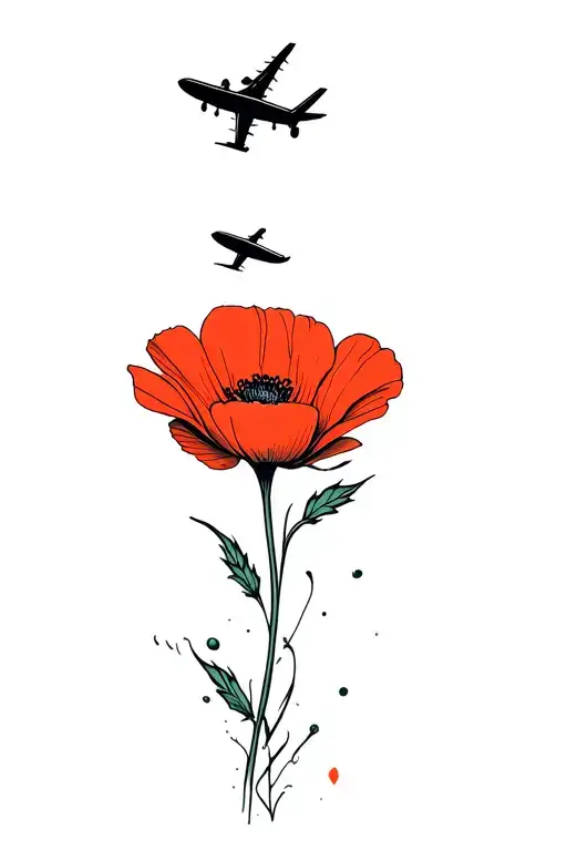 poppy flower with an airplane flying tattoo design idea