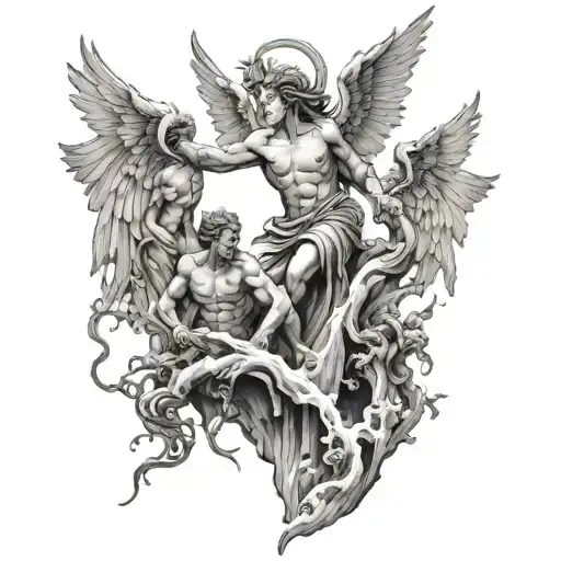 waterfalls an angels fighting demons tattoo design idea
