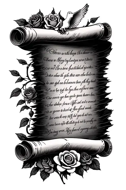 a scroll with a bible verse written with roses and a single dove around it tattoo design idea
