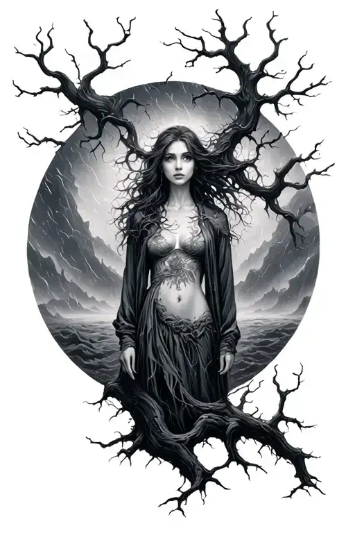 A surreal dark fantasy scene with a beautiful woman standing in stormy dreamscape with twisted trees tattoo design idea