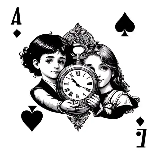 playing card with a boy and girl holding a pocket watch tattoo design idea