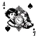 playing card with a boy and girl holding a pocket watch tattoo design idea