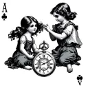 playing card with a boy and girl holding a pocket watch tattoo design idea