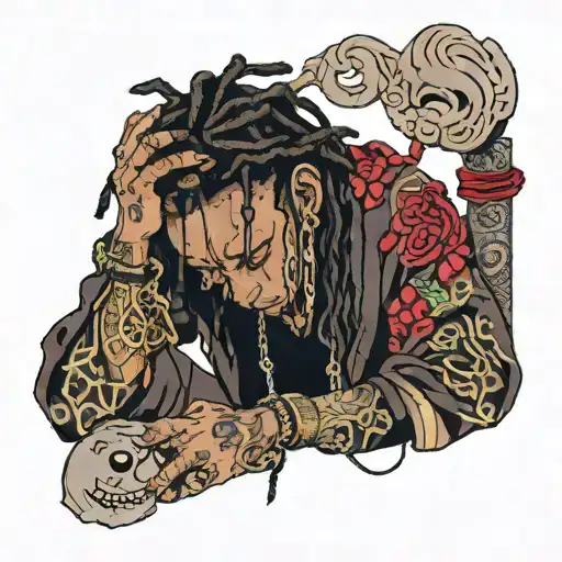 emo,depression,darkness,lonely,suicidal,sad,dark skinned male,dyed short dreads fully hiding face,teens,no tattoos,skinn tattoo design idea