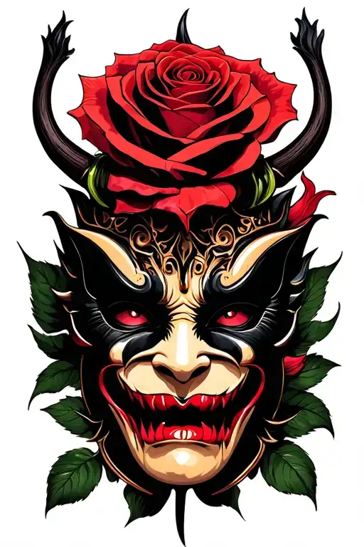 mascara oni demon mask and rose tattoo design idea