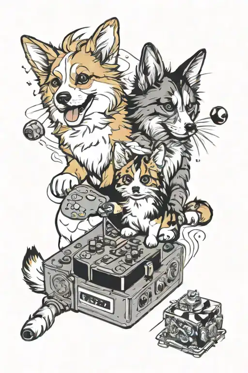 A tattoo design featuring a corgi and a Maine coon playing video games together, symbolizing your love for pets and gaming tattoo design idea