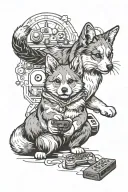 A tattoo design featuring a corgi and a Maine coon playing video games together, symbolizing your love for pets and gaming tattoo design idea