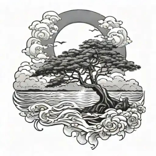acacia tree, water, moon, fire, sun, clouds, Japanese tattoo design idea