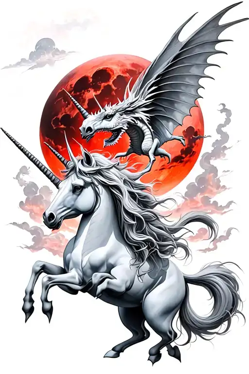unicorn surrounded by dragon flying a red moon tattoo design idea