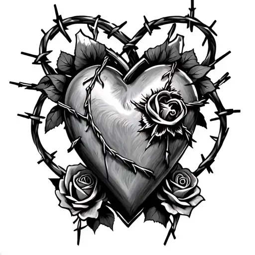 A black and grey tattoo of a sacred heart surrounded by barbed wire and roses, representing the gangster's devotion to both God and his criminal lifestyle tattoo design idea
