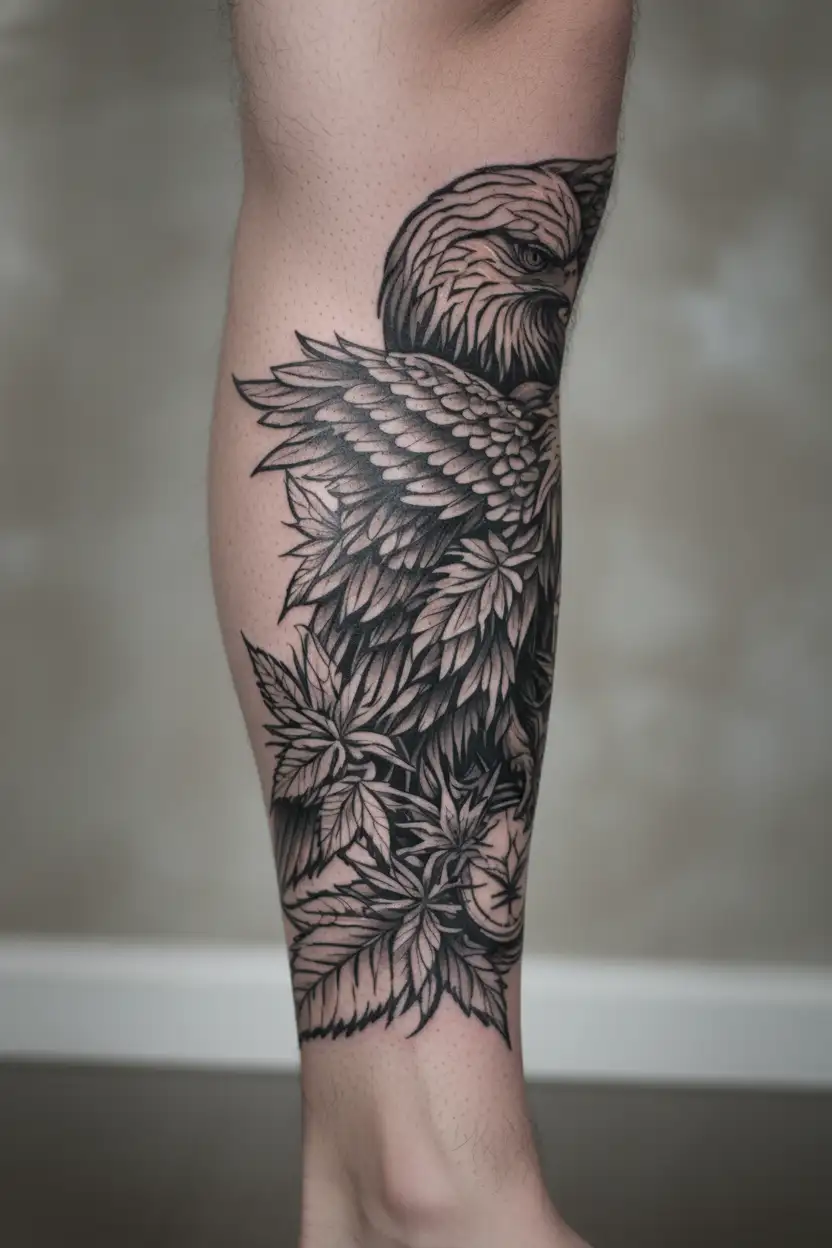 cannabis leaves and eagle tattoo design idea