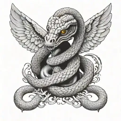 a snake with an eye in the middle of its head, wrapping its body around a cherub with wings and many eyes tattoo design idea