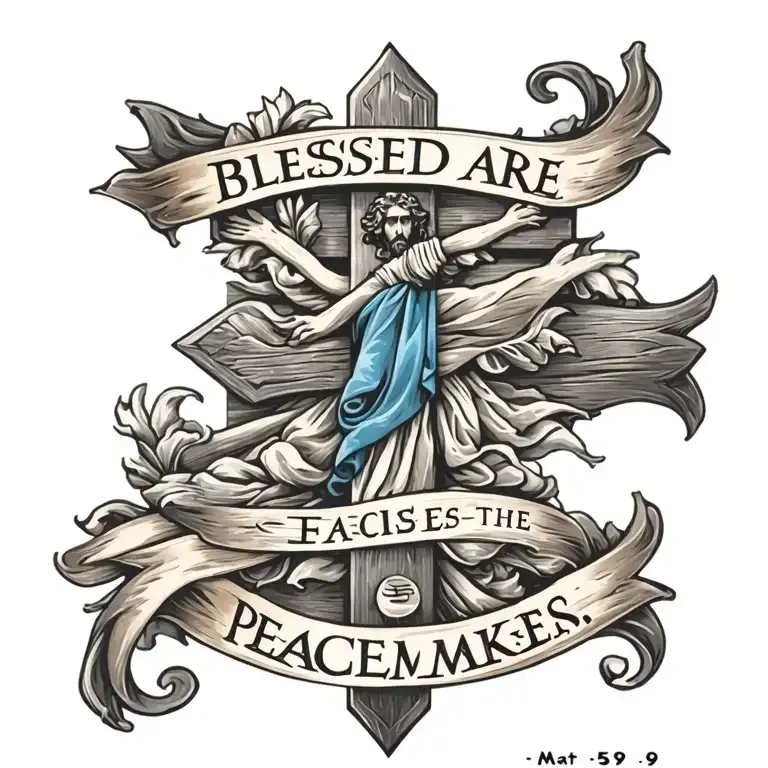 Cross with ""Blessed are the peacemakers" written on a blue banner draped on the cross.  Mat 5:9 written underneath tattoo design idea