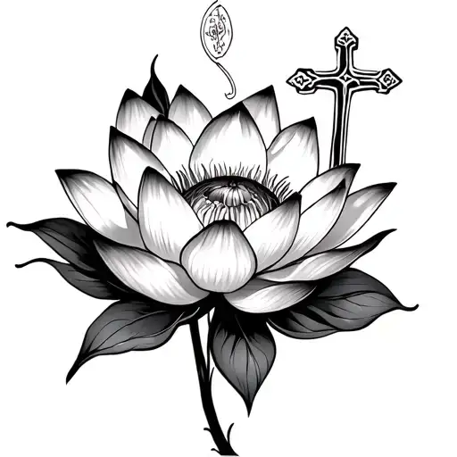 Lotus Flower with Roasary and Cross with Yahweh tattoo design idea