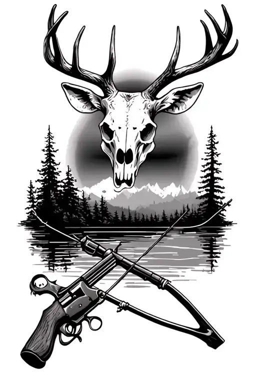 Deer skull, bow and arrow, gun, fishing pole intertwined with fishing line and nature in the background tattoo design idea