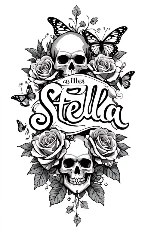the Word Stella With Skulls, Roses, And Butterflies around it tattoo design idea