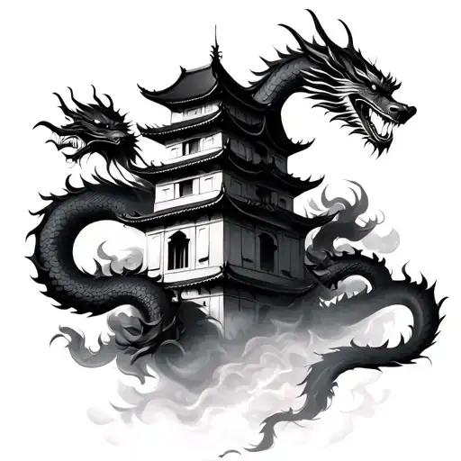 ancient Chinese Building tower with chinese dragon wrapped around the tower, smoke with shading  tattoo design idea