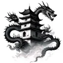 ancient Chinese Building tower with chinese dragon wrapped around the tower, smoke with shading  tattoo design idea