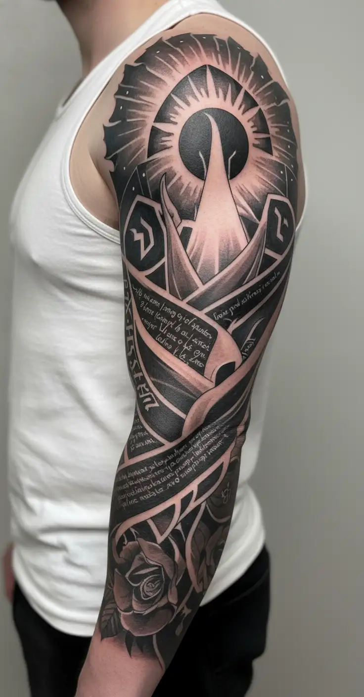 geometric filler Christian with some Hebrew scripture tattoo design idea