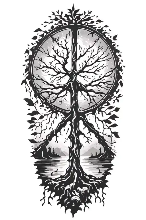 peace and lightining storm and time and nature and willow tree tattoo design idea