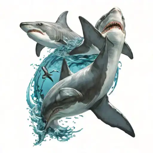 Hammerhead shark and dolphin circling each other tattoo design idea
