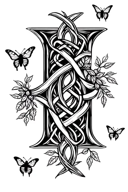 Celtic styled capitol M with small . vines, leaves intertwined and bees and butterflies flying around tattoo design idea