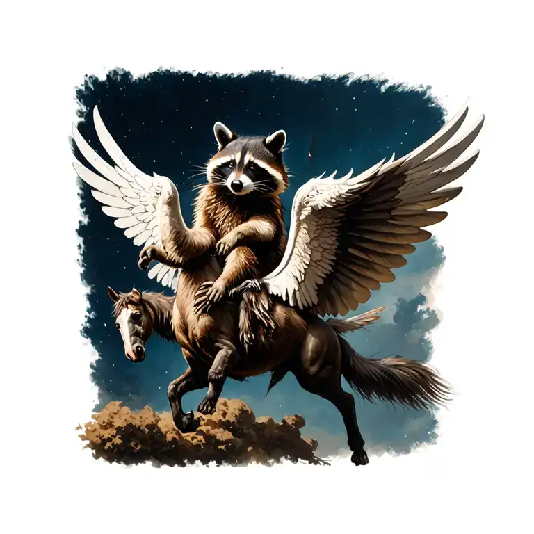 Raccoon Riding a Pegasus flying tattoo design idea