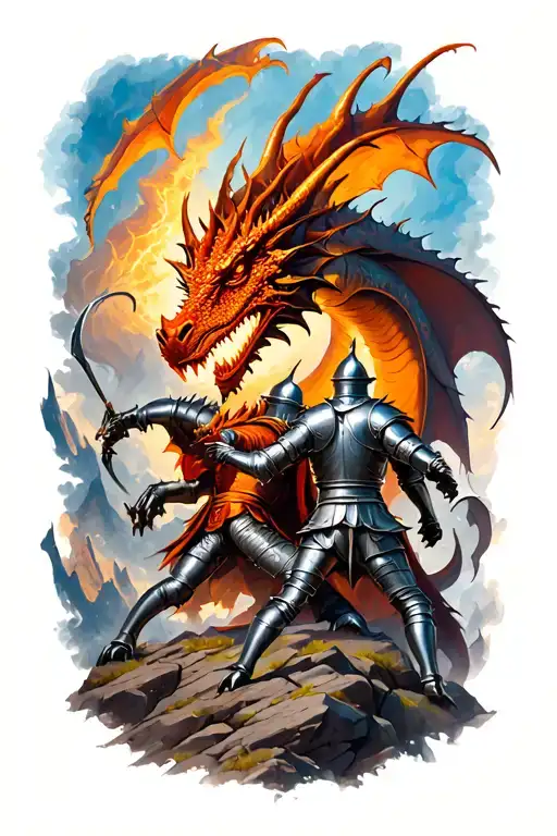 knights fighting a dragon on rocky terrain tattoo design idea