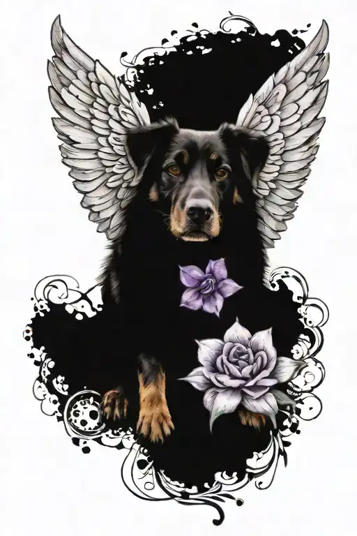 black and grey dog paw print with deep purple flower golden halo and black angel wings tattoo design idea