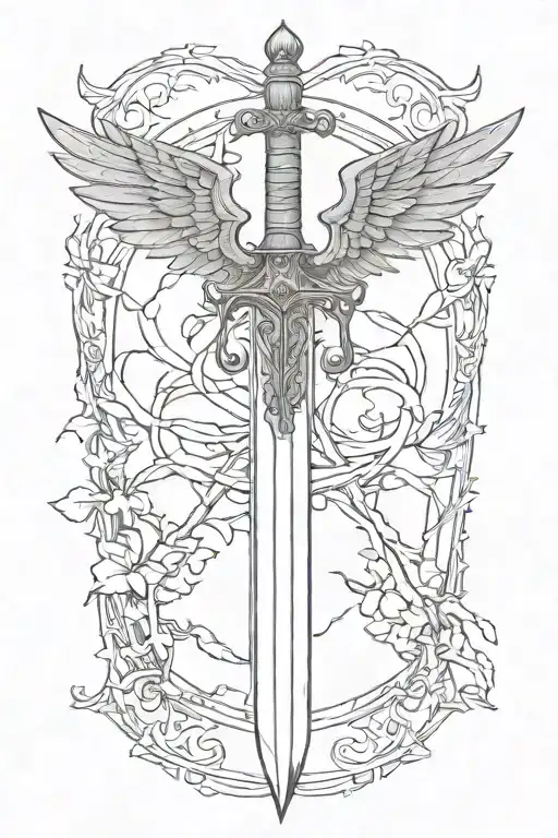 simple longsword with one big wing open tattoo design idea