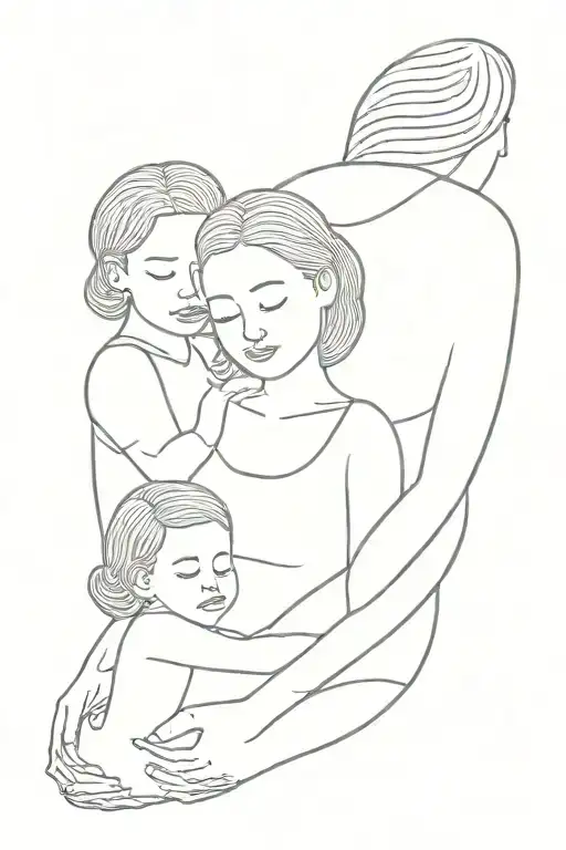 mother holding two daughters minimalist named Gema and Valeria tattoo design idea