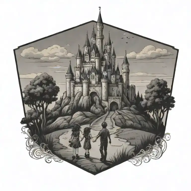 Disney castle on a hill with a boy and girl holding hands walking towards it tattoo design idea
