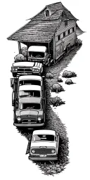 short school bus on a farm with 48 ford pickup tattoo design idea