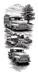 short school bus on a farm with 48 ford pickup tattoo design idea