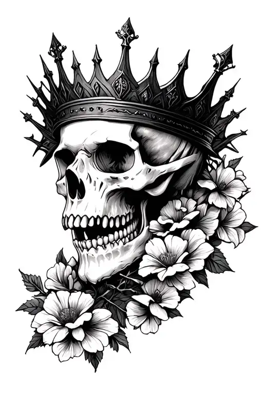 raven skull with with a crown of thrones, flowers under it tattoo design idea