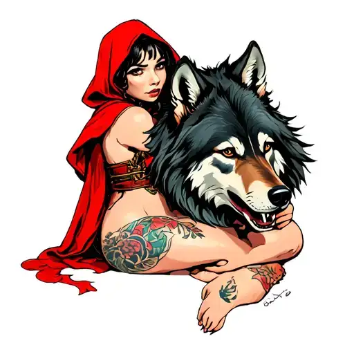 red riding hood pin up girl holding the severed head of the wolf off to her side by the wolf's mane tattoo design idea