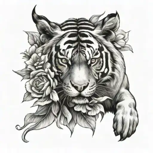 tattoo on the forearm with a Spanish fighting bull, the whole body of a tiger with columbine flowers    tattoo design idea