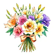 gladiolus, jonquil, rose, sweet pea flower bouquet tied with bow line tattoo colored. tattoo design idea