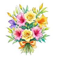 gladiolus, jonquil, rose, sweet pea flower bouquet tied with bow line tattoo colored. tattoo design idea