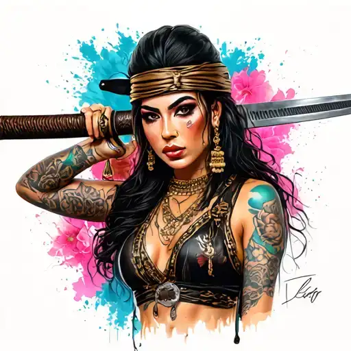 chicano gangster girl with katana tattoo design idea