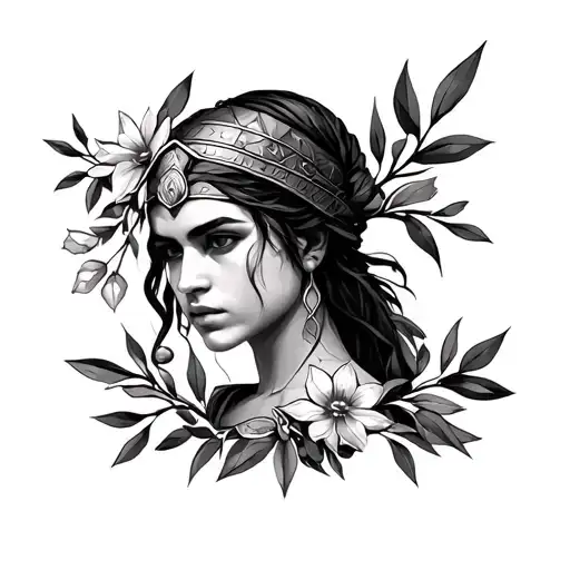 kassandra from assassins creed odyssey as Athena in semi-realism with olive branches and flowers in geometric style  tattoo design idea