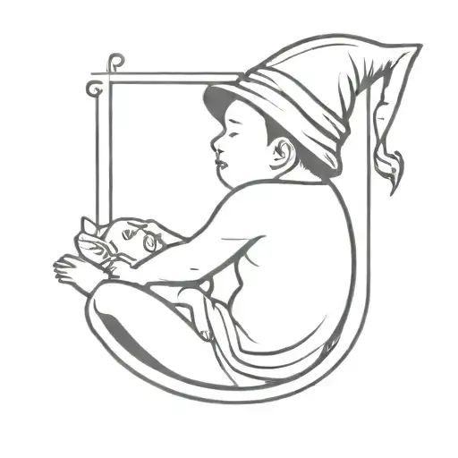 baby on his back with wizard hat sitting tattoo design idea