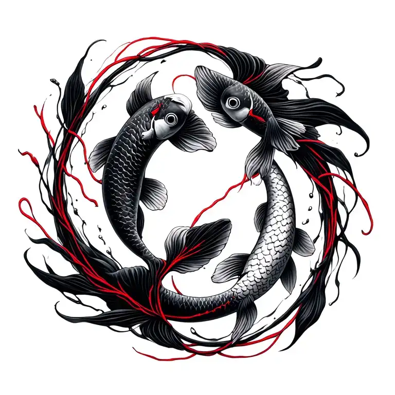 minimalist koi fish swimming to form yin yang. red string of fate passing around them tattoo design idea