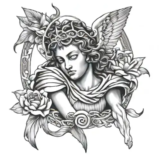 Saint Sebastian, Angel Raphael and lily flower tattoo design idea