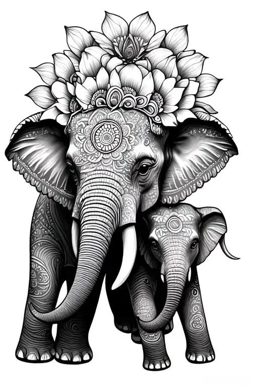 mandala design mendhi mama elephant head facing front with trunk embracing baby elephant surrounded by mandala flowers tattoo design idea