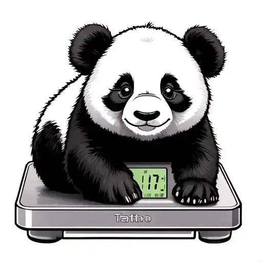 baby panda on a scale and a digital clock showing 1:17 tattoo design idea