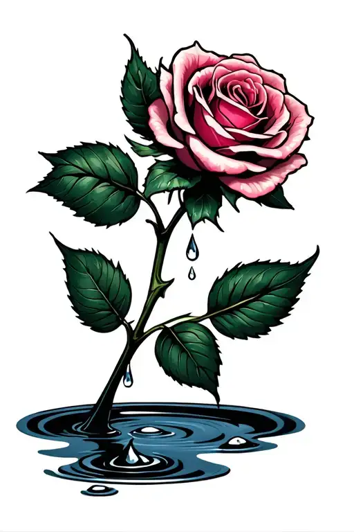 Memorial rose with tear drops falling into puddle below tattoo design idea