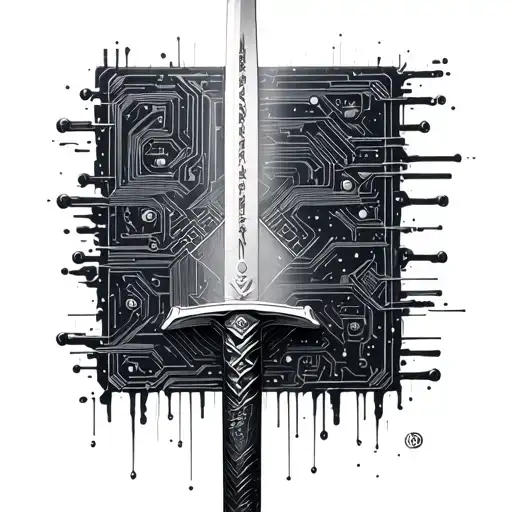 A katana sword where the hilt transitions into a circuit board pattern tattoo design idea